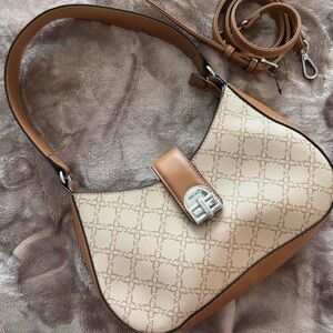 Nine West Tan Monogram Shoulder Bag with Silver-Tone Clasp